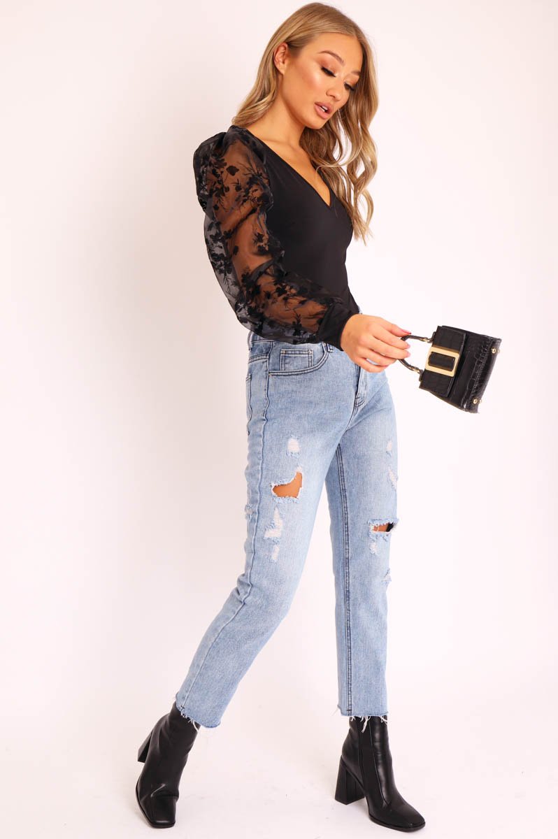 Black Plunge Black Floral Sheer Puff Sleeves Bodysuit - Zoiey-Bodysuits