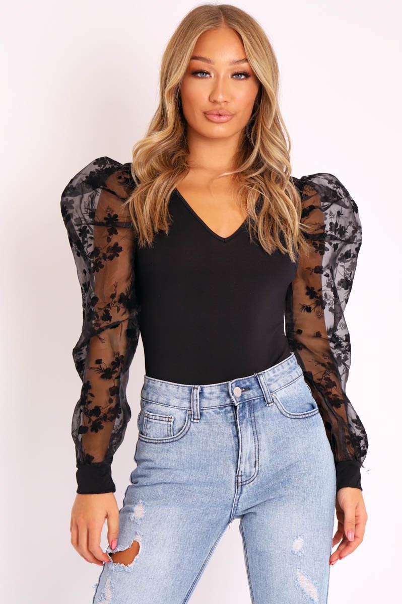 Black Plunge Black Floral Sheer Puff Sleeves Bodysuit - Zoiey-Bodysuits