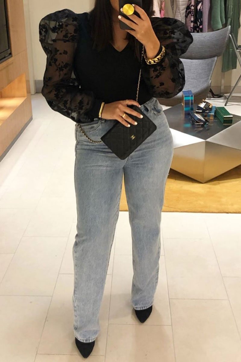 Black Plunge Black Floral Sheer Puff Sleeves Bodysuit - Zoiey-Bodysuits