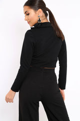 Black Plunge Blazer Style Top - Elis-Crop Tops