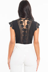 Black Plunge Crochet Insert Cap Sleeve Bodysuit - Zahida-Bodysuits