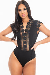 Black Plunge Crochet Insert Cap Sleeve Bodysuit - Zahida-Bodysuits
