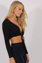 Black Plunge Drawstring Crop Top - Aggie-Crop Tops