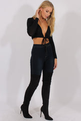 Black Plunge Drawstring Crop Top - Aggie-Crop Tops