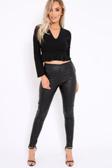 Black Plunge Flare Sleeve Crop Top with Frill Hem - Masie-Crop Tops
