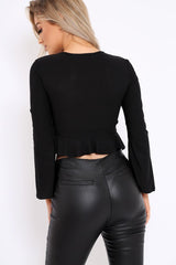 Black Plunge Flare Sleeve Crop Top with Frill Hem - Masie-Crop Tops