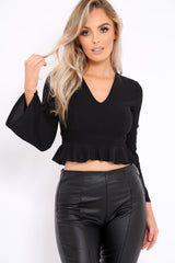 Black Plunge Flare Sleeve Crop Top with Frill Hem - Masie-Crop Tops