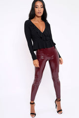 Black Plunge Frill Wrap Tie Front Top - Rebecca-Tops