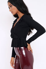 Black Plunge Frill Wrap Tie Front Top - Rebecca-Tops