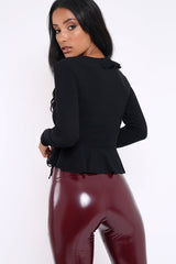 Black Plunge Frill Wrap Tie Front Top - Rebecca-Tops