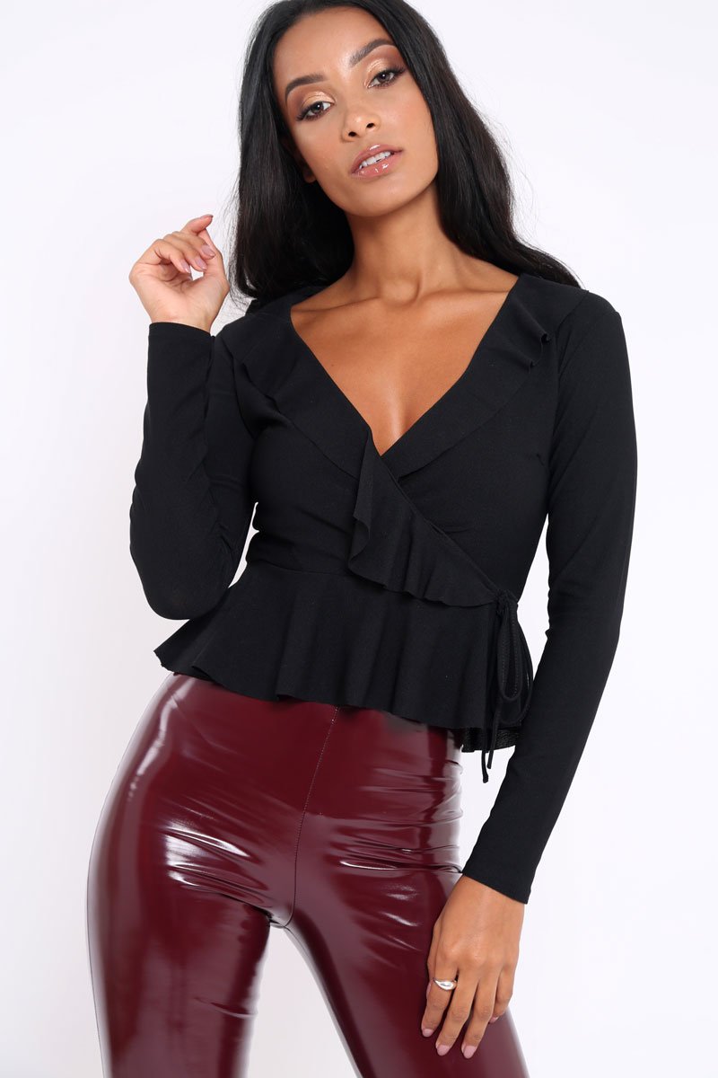 Black Plunge Frill Wrap Tie Front Top - Rebecca-Tops