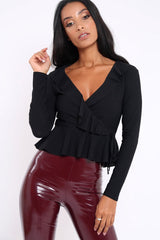 Black Plunge Frill Wrap Tie Front Top - Rebecca-Tops