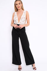 Black Plunge Front Lace Jumpsuit - Felice-Jumpsuits