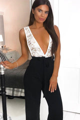 Black Plunge Front Lace Jumpsuit - Felice-Jumpsuits