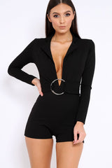 Black Plunge Front Playsuit with Ring Belt Detail - Daylin-Playsuits