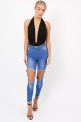 Black Plunge Halterneck Bodysuit - Lona-Bodysuits