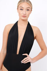 Black Plunge Halterneck Bodysuit - Lona-Bodysuits