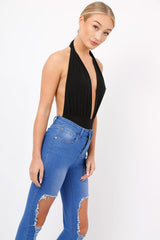 Black Plunge Halterneck Bodysuit - Lona-Bodysuits