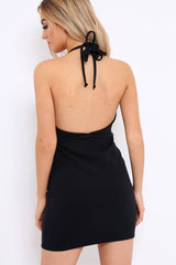 Black Plunge Halterneck Mini Dress - Alessandra-Dresses
