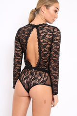 Black Plunge Keyhole Back Lace Bodysuit - Adelaide-Bodysuits