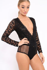 Black Plunge Keyhole Back Lace Bodysuit - Adelaide-Bodysuits