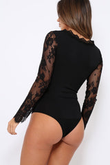 Black Plunge Lace Bodysuit - Adele-Bodysuits