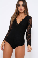 Black Plunge Lace Bodysuit - Adele-Bodysuits