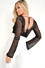 Black Plunge Lace Crochet Long Sleeved Bodysuit - Edyn-Bodysuits