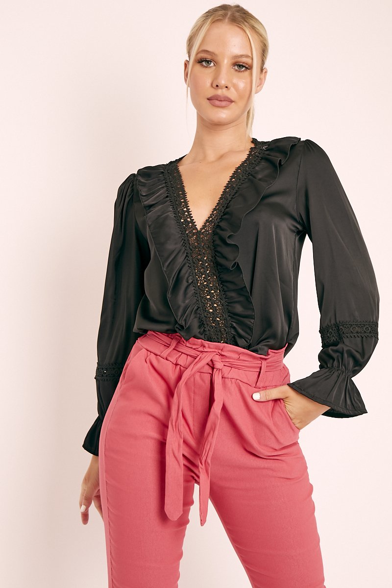 Black Plunge Lace Neckline Blouse - Harleigh-Blouse