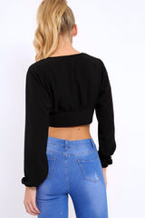 Black Plunge Lace Up Crop Top - Wyona-Crop Tops