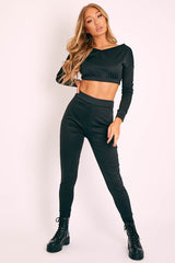 Black Plunge Neck Cropped Loungewear Co-ord Set - Darcie-Loungewear
