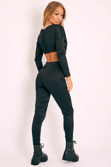 Black Plunge Neck Cropped Loungewear Co-ord Set - Darcie-Loungewear