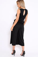 Black Plunge Neck Frill Waist Culottes Jumpsuit - Camille-Jumpsuits