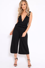 Black Plunge Neck Frill Waist Culottes Jumpsuit - Camille-Jumpsuits