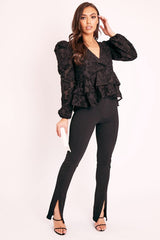 Black Plunge Neck Peplum Textured Blouse - Aagna-Blouse