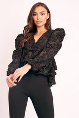 Black Plunge Neck Peplum Textured Blouse - Aagna-Blouse