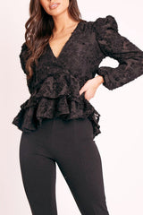Black Plunge Neck Peplum Textured Blouse - Aagna-Blouse