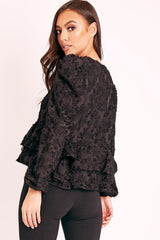 Black Plunge Neck Peplum Textured Blouse - Aagna-Blouse