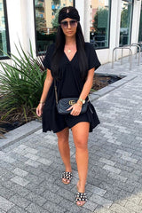 Black Plunge Neckline Tiered Dress - Caralyn-Dresses