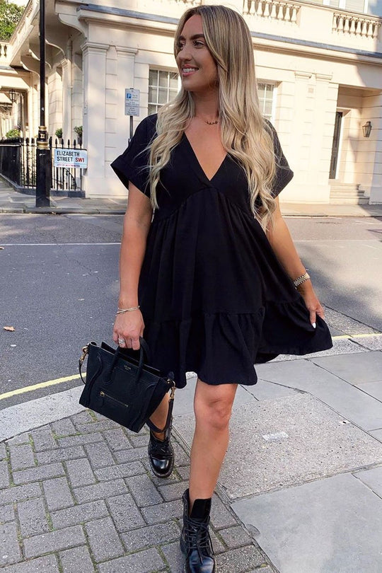 Black Plunge Neckline Tiered Dress - Caralyn