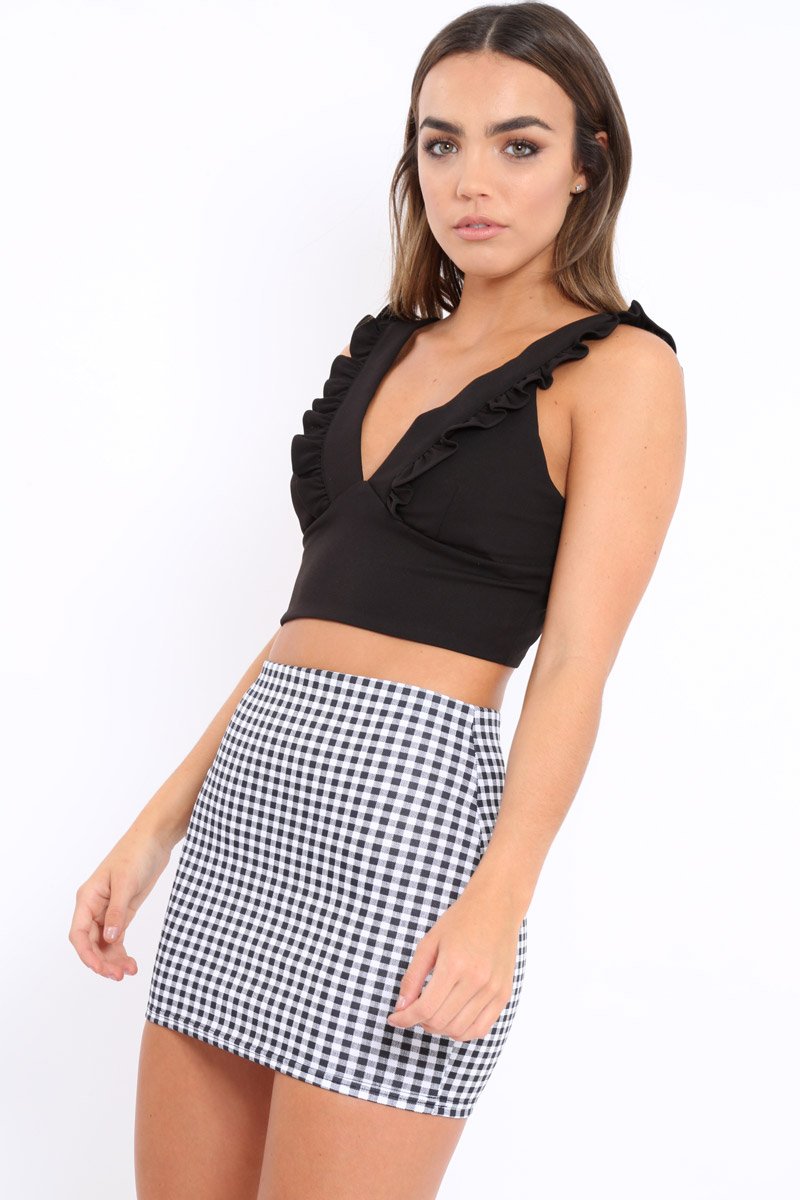 Black Plunge Ruffle Crop Top - Donetella-Crop Tops