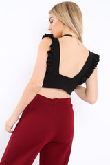 Black Plunge Ruffle Crop Top - Sofia-Crop Tops