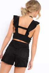 Black Plunge Ruffle Crop Top With Cut Out Back - Nia-Crop Tops