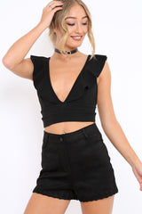 Black Plunge Ruffle Crop Top With Cut Out Back - Nia-Crop Tops