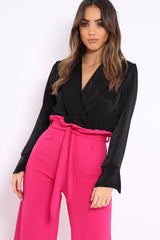 Black Plunge Satin Bodysuit - Rebeka-Bodysuits