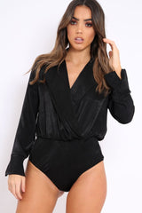Black Plunge Satin Bodysuit - Rebeka-Bodysuits