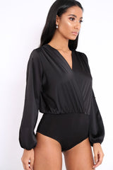 Black Plunge Satin Bodysuit with Split Sleeves - Pema-Bodysuits