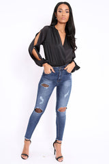 Black Plunge Satin Bodysuit with Split Sleeves - Pema-Bodysuits