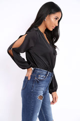 Black Plunge Satin Bodysuit with Split Sleeves - Pema-Bodysuits