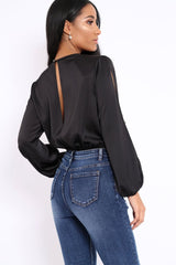 Black Plunge Satin Bodysuit with Split Sleeves - Pema-Bodysuits